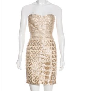 Herve Leger Kerra strapless beaded GOLD mini dress sz M